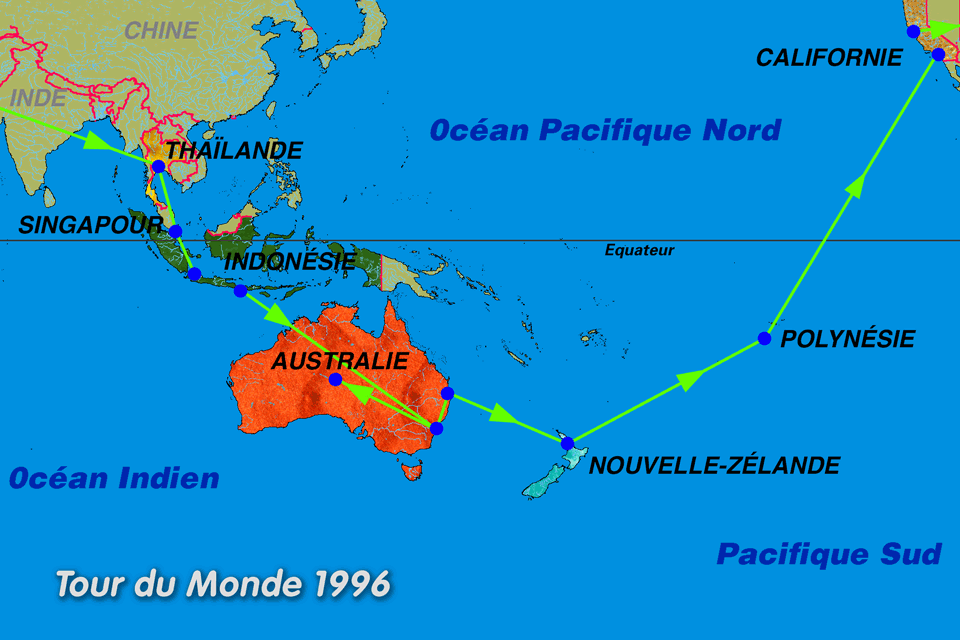 Plan de route du billet d'avion Tour du Monde en avion vol avec 8 escales